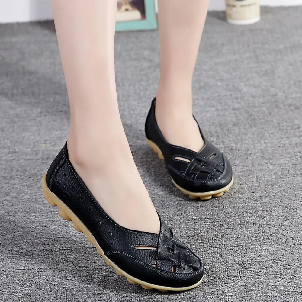 Womens Flats, Ballet Flats Ballerina Trendy Round Toe Flat Shoe with Breathable Eyelets Flower Leather Walking Shoes