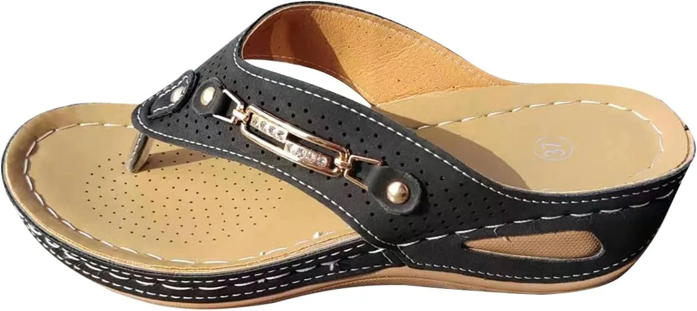 Women's Hollow Out Thong Sandals Clip Toe Platform Trendy Slipper Summer Beach Breathe Sandal Splicing Metal Flip Flop