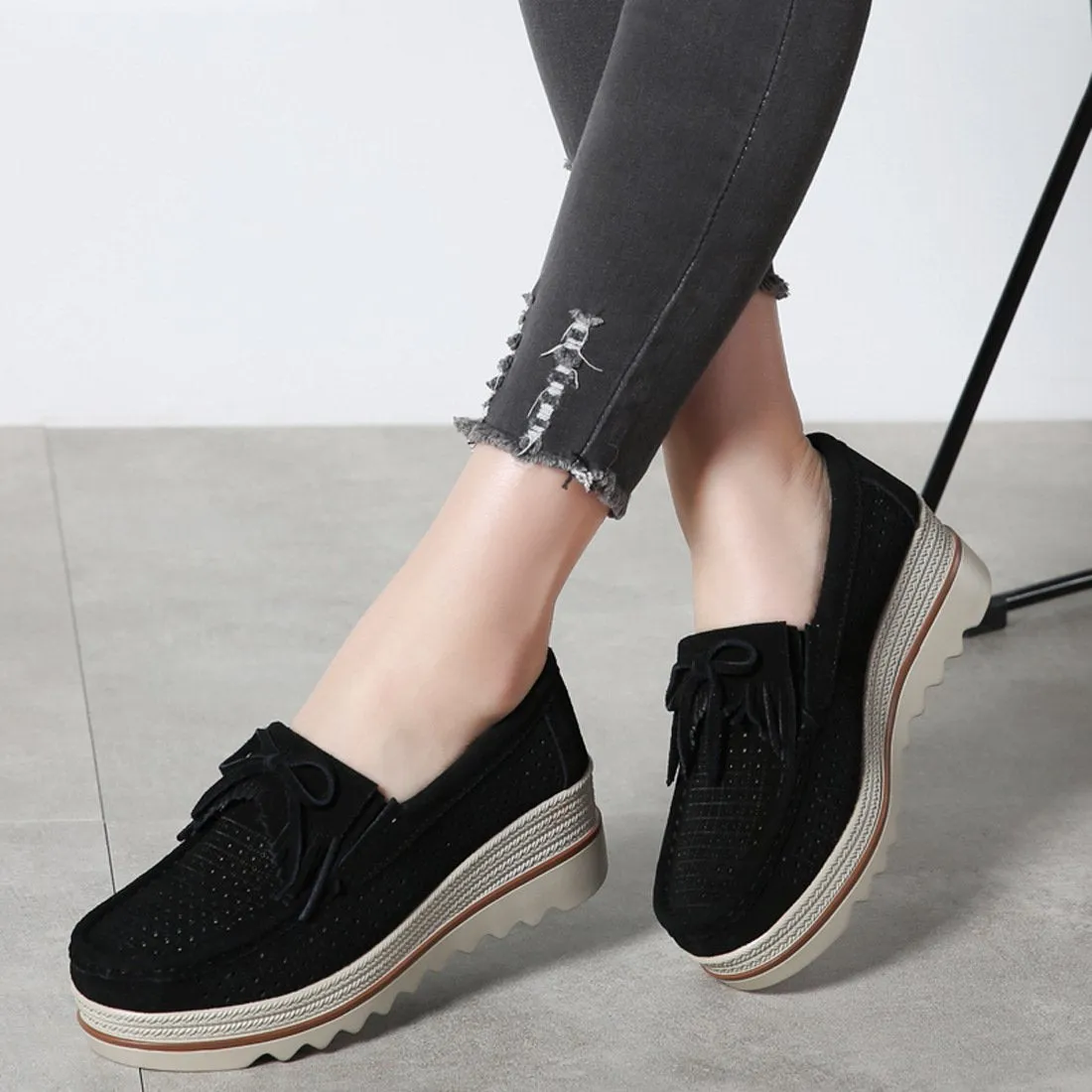 Women's slip on thick platform wedge loafers shoes anti-slip