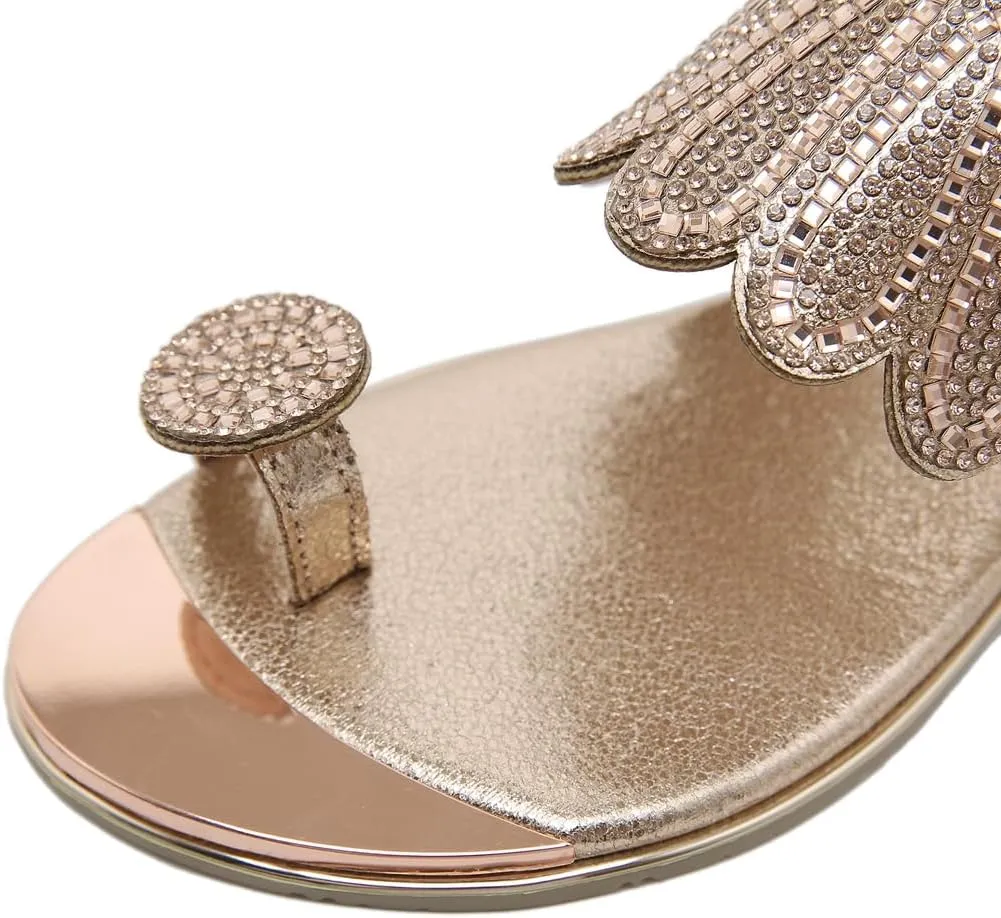 Women's Sparkly Rhinestone Toe Ring Flat Sandals Comfort Embellished Flipflops Summer Beach Slide Sandal