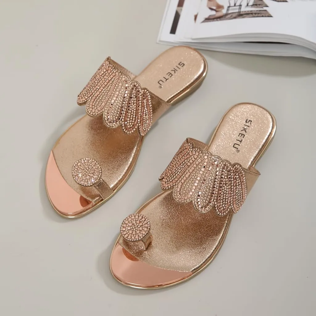 Women's Sparkly Rhinestone Toe Ring Flat Sandals Comfort Embellished Flipflops Summer Beach Slide Sandal