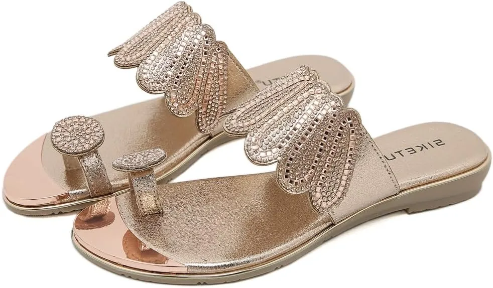 Women's Sparkly Rhinestone Toe Ring Flat Sandals Comfort Embellished Flipflops Summer Beach Slide Sandal