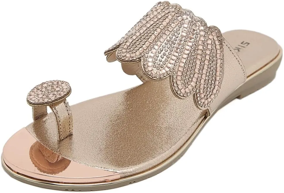 Women's Sparkly Rhinestone Toe Ring Flat Sandals Comfort Embellished Flipflops Summer Beach Slide Sandal