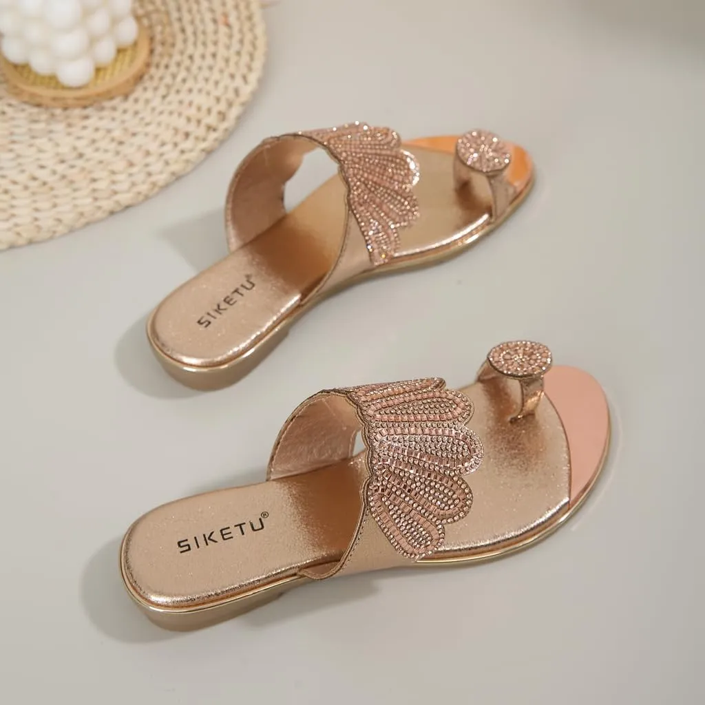Women's Sparkly Rhinestone Toe Ring Flat Sandals Comfort Embellished Flipflops Summer Beach Slide Sandal
