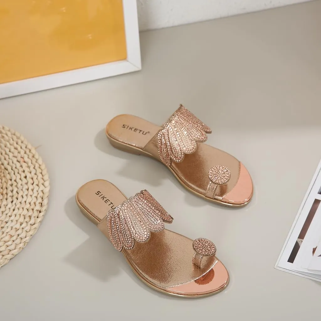 Women's Sparkly Rhinestone Toe Ring Flat Sandals Comfort Embellished Flipflops Summer Beach Slide Sandal