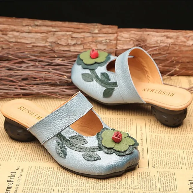 Women's Vintage Leather Sandals with Stamens