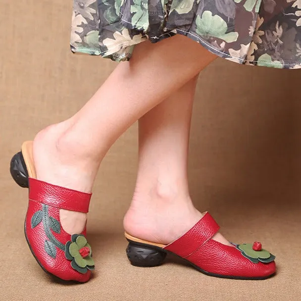 Women's Vintage Leather Sandals with Stamens