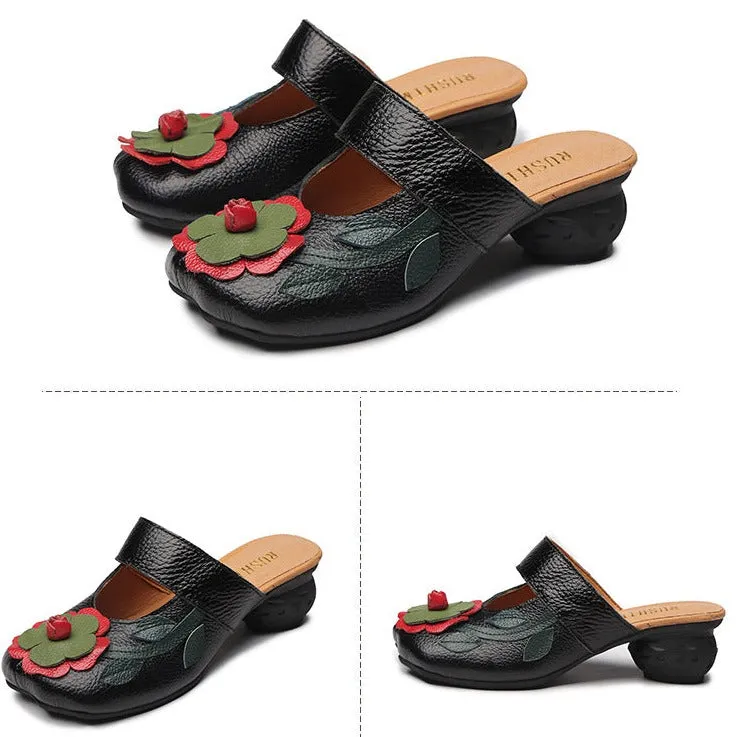 Women's Vintage Leather Sandals with Stamens