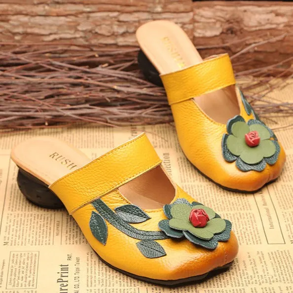 Women's Vintage Leather Sandals with Stamens