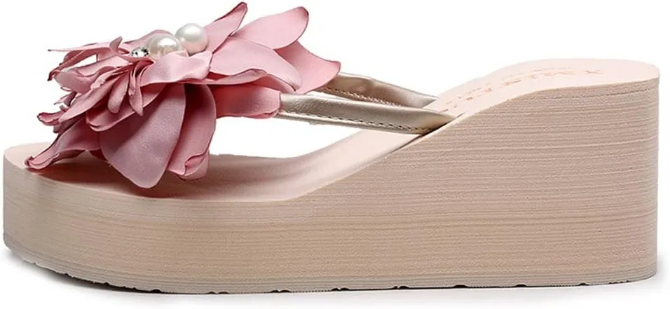 Women's Wedge High Heel Flower Flipflops Trendy Summer Platform Comfort Nonslip Beach Thong Sandals