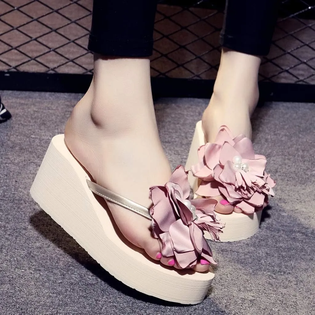 Women's Wedge High Heel Flower Flipflops Trendy Summer Platform Comfort Nonslip Beach Thong Sandals