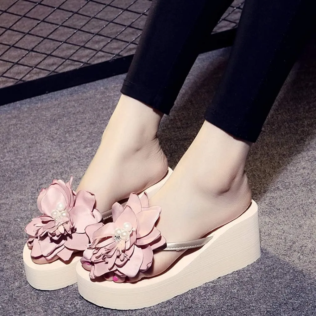 Women's Wedge High Heel Flower Flipflops Trendy Summer Platform Comfort Nonslip Beach Thong Sandals