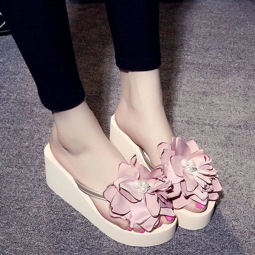Women's Wedge High Heel Flower Flipflops Trendy Summer Platform Comfort Nonslip Beach Thong Sandals