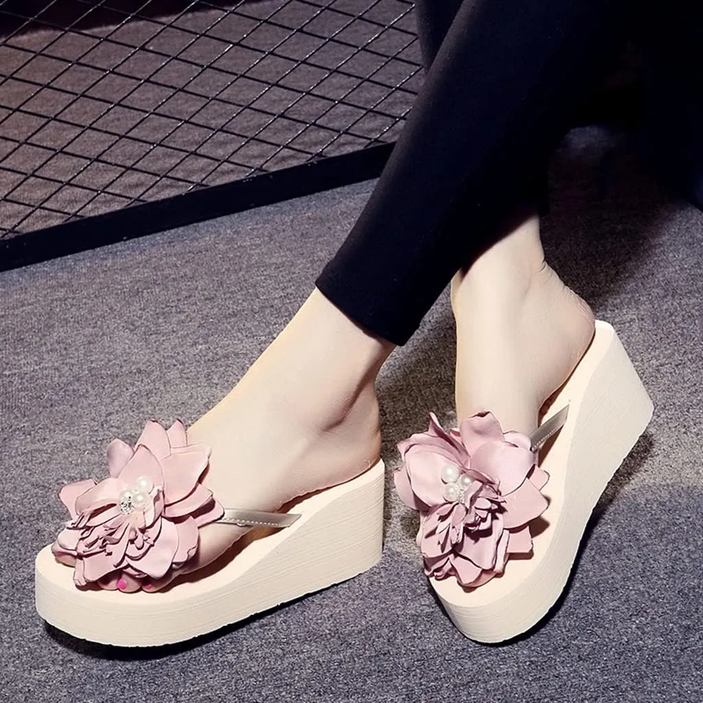 Women's Wedge High Heel Flower Flipflops Trendy Summer Platform Comfort Nonslip Beach Thong Sandals