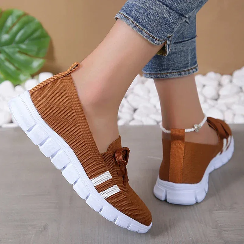 Xajzpa Mesh Knitted Striped Flats Shoes for Women Summer Lace Up Casual Sneakers Woman Breathable Soft Sole Loafers Plus Size 43