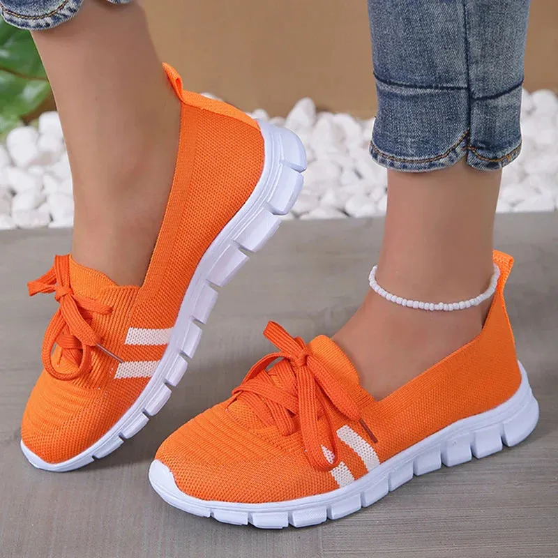 Xajzpa Mesh Knitted Striped Flats Shoes for Women Summer Lace Up Casual Sneakers Woman Breathable Soft Sole Loafers Plus Size 43
