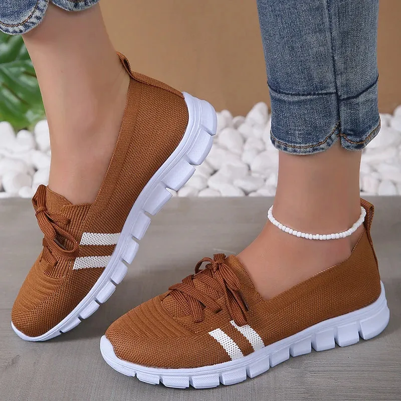 Xajzpa Mesh Knitted Striped Flats Shoes for Women Summer Lace Up Casual Sneakers Woman Breathable Soft Sole Loafers Plus Size 43