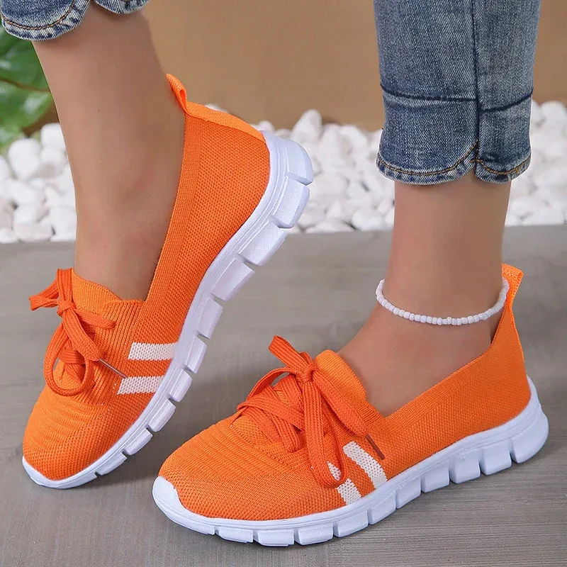 Xajzpa Mesh Knitted Striped Flats Shoes for Women Summer Lace Up Casual Sneakers Woman Breathable Soft Sole Loafers Plus Size 43