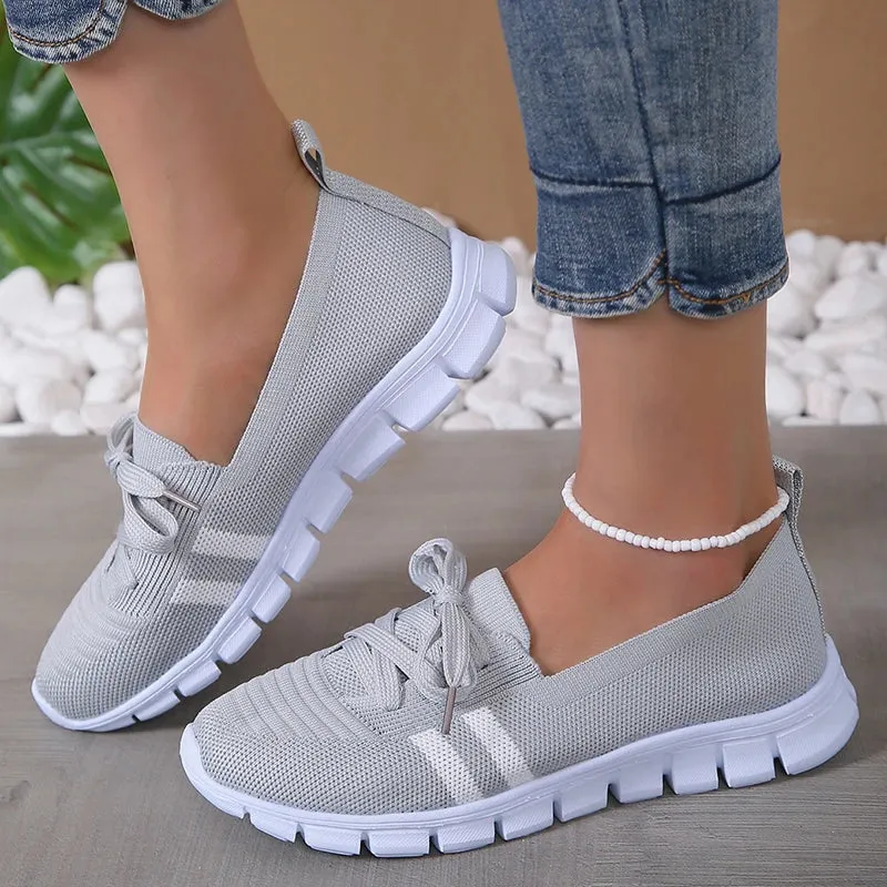 Xajzpa Mesh Knitted Striped Flats Shoes for Women Summer Lace Up Casual Sneakers Woman Breathable Soft Sole Loafers Plus Size 43